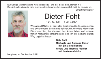 Traueranzeige von Dieter Foht von Siegener Zeitung