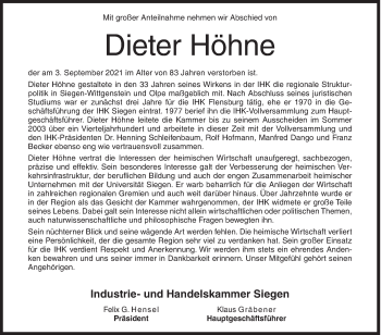 Traueranzeige von Dieter Höhne von Siegener Zeitung