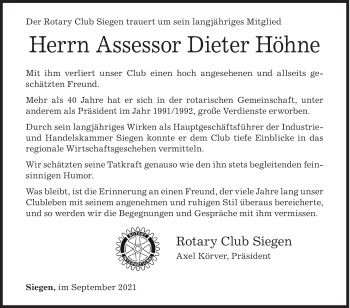 Traueranzeige von Dieter Höhne von Siegener Zeitung