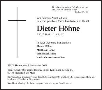 Traueranzeige von Dieter Höhne von Siegener Zeitung