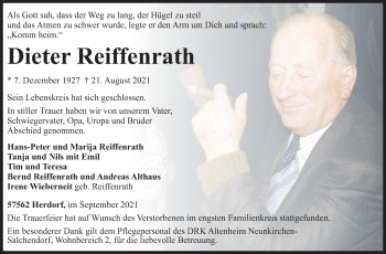 Traueranzeige von Dieter Reiffenrath von Siegener Zeitung