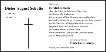 Traueranzeige von Dieter August Schulte von Siegener Zeitung