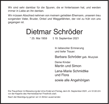 Traueranzeige von Dietmar Schröder von Siegener Zeitung