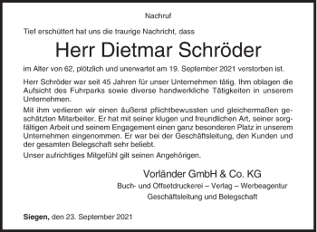 Traueranzeige von Dietmar Schröder von Siegener Zeitung