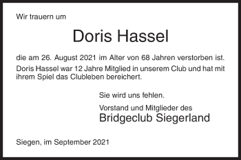 Traueranzeige von Doris Hassel von Siegener Zeitung