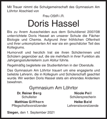 Traueranzeige von Doris Hassel von Siegener Zeitung