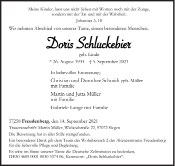 Traueranzeige von Doris Schluckebier von Siegener Zeitung