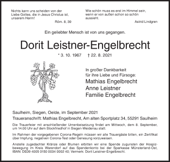 Traueranzeige von Dorit Leistner-Engelbrecht von Siegener Zeitung