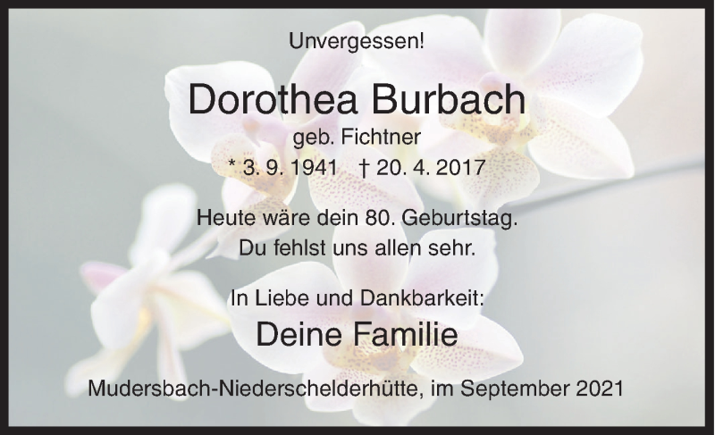  Traueranzeige für Dorothea Burbach vom 03.09.2021 aus Siegener Zeitung