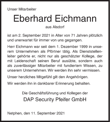 Traueranzeige von Eberhard Eichmann von Siegener Zeitung