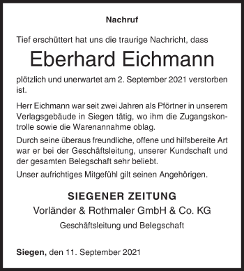 Traueranzeige von Eberhard Eichmann von Siegener Zeitung
