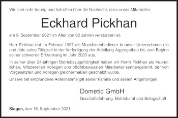 Traueranzeige von Eckhard Pickhan von Siegener Zeitung