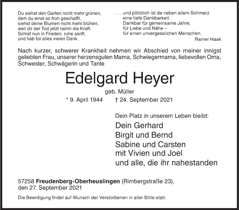  Traueranzeige für Edelgard Heyer vom 27.09.2021 aus Siegener Zeitung