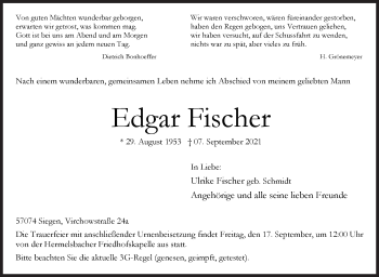 Traueranzeige von Edgar Fischer von Siegener Zeitung
