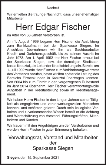 Traueranzeige von Edgar Fischer von Siegener Zeitung