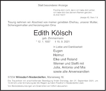 Traueranzeige von Edith Kölsch von Siegener Zeitung