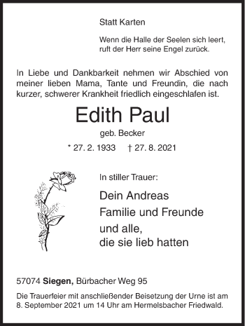 Traueranzeige von Edith Paul von Siegener Zeitung