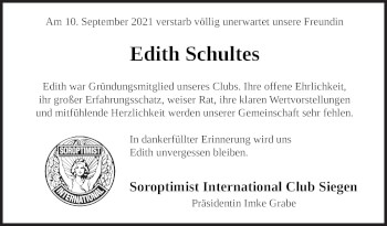 Traueranzeige von Edith Schultes von Siegener Zeitung
