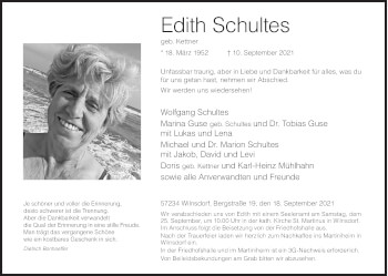 Traueranzeige von Edith Schultes von Siegener Zeitung