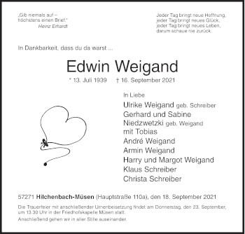 Traueranzeige von Edwin Weigand von Siegener Zeitung