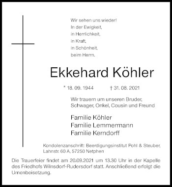 Traueranzeige von Ekkehard Köhler von Siegener Zeitung