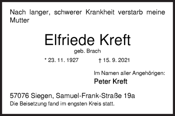 Traueranzeige von Elfriede Kreft von Siegener Zeitung