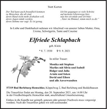 Traueranzeige von Elfriede Schlapbach von Siegener Zeitung