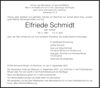 Traueranzeige von Elfriede Schmidt von Siegener Zeitung