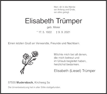 Traueranzeige von Elisabeth Trümper von Siegener Zeitung