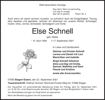 Traueranzeige von Else Schnell von Siegener Zeitung
