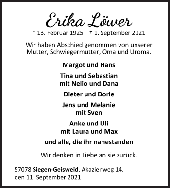 Traueranzeige von Erika Löwer von Siegener Zeitung
