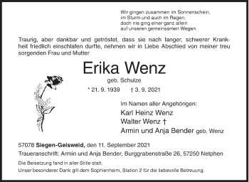 Traueranzeige von Erika Wenz von Siegener Zeitung