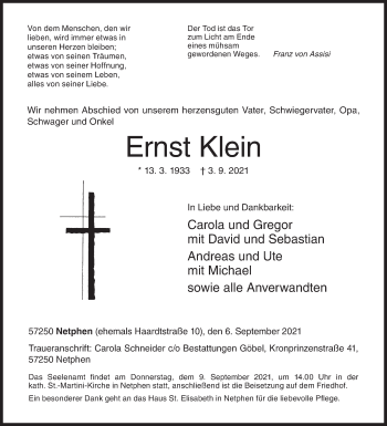 Traueranzeige von Ernst Klein von Siegener Zeitung