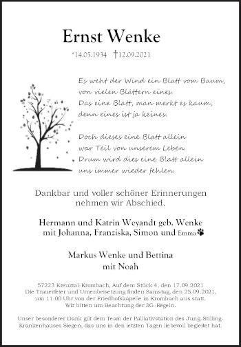 Traueranzeige von Ernst Wenke von Siegener Zeitung