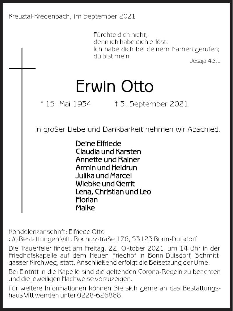  Traueranzeige für Erwin Otto vom 18.09.2021 aus Siegener Zeitung