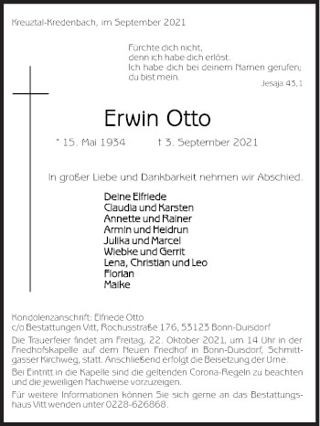 Traueranzeige von Erwin Otto von Siegener Zeitung