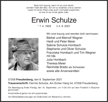Traueranzeige von Erwin Schulze von Siegener Zeitung