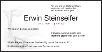 Traueranzeige von Erwin Steinseifer von Siegener Zeitung