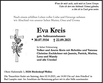 Traueranzeige von Eva Kreis von Siegener Zeitung