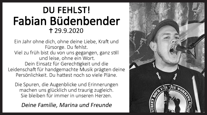  Traueranzeige für Fabian Büdenbender vom 29.09.2021 aus Siegener Zeitung