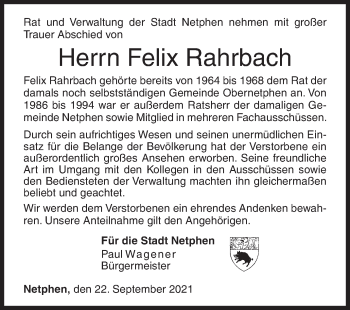 Traueranzeige von Felix Rahrbach von Siegener Zeitung