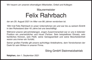 Traueranzeige von Felix Rahrbach von Siegener Zeitung