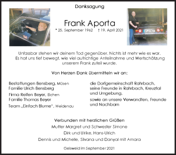 Traueranzeige von Frank Aporta von Siegener Zeitung