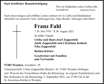 Traueranzeige von Franz Fahl von Siegener Zeitung
