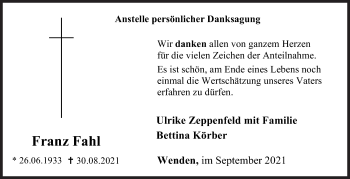 Traueranzeige von Franz Fahl von Siegener Zeitung