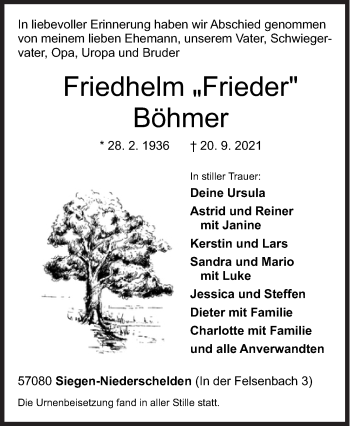 Traueranzeige von Friedhelm Böhmer von Siegener Zeitung