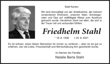 Traueranzeige von Friedhelm Stahl von Siegener Zeitung