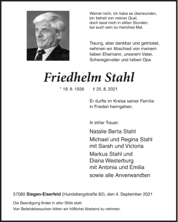 Traueranzeige von Friedhelm Stahl von Siegener Zeitung