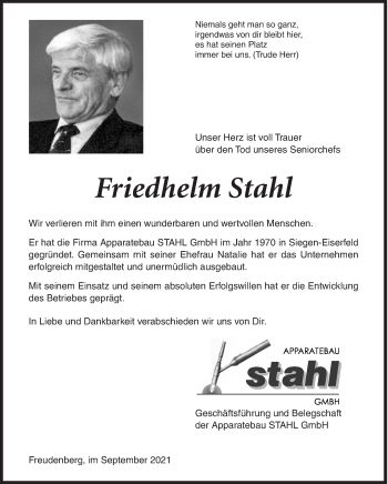 Traueranzeige von Friedhelm Stahl von Siegener Zeitung