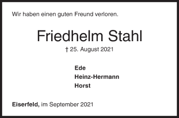 Traueranzeige von Friedhelm Stahl von Siegener Zeitung